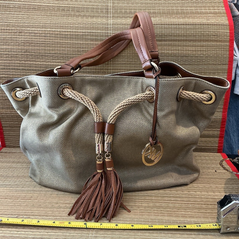 Michael Kors Marina Large Metallic Gold Canvas Tote Woven Drawstring Handbag